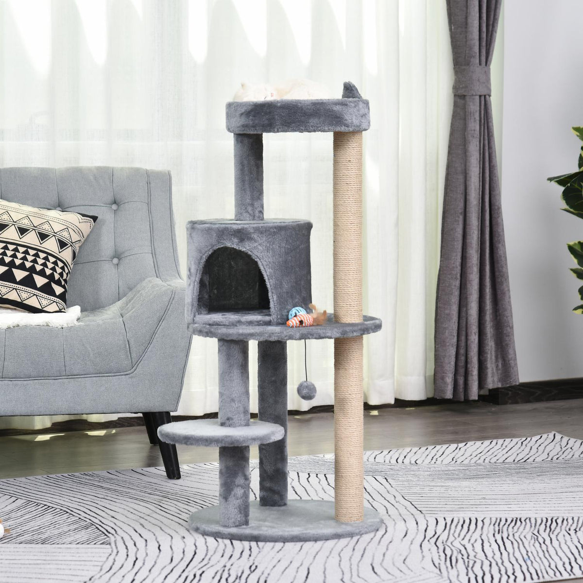 Cat Tree 4-Tier Cat Cave With Play Balls, Perch, Sisal Column, Scratching Board, Plush, Gray, 48X48X104Cm