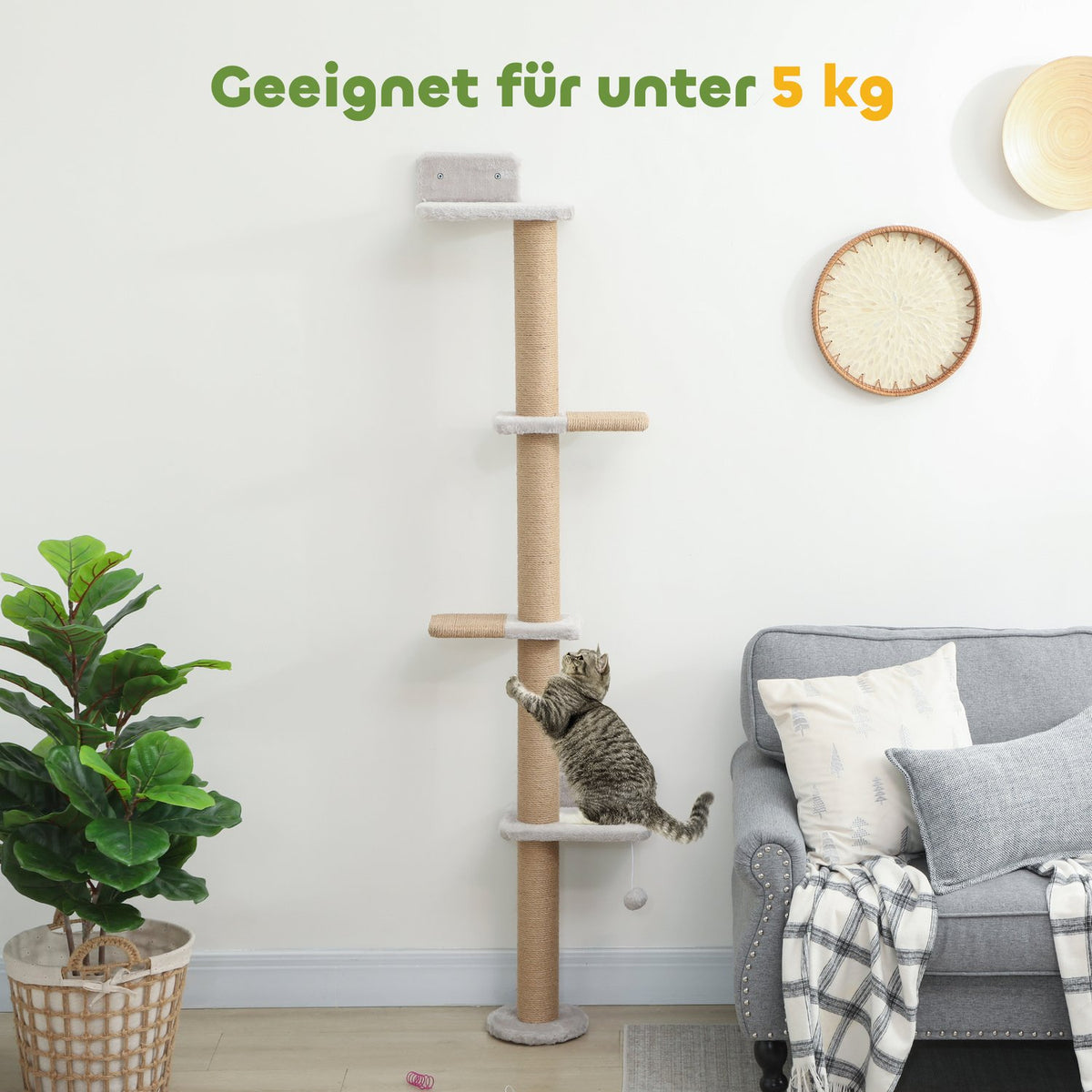 Cat Tree, 5-Level, Sisal Posts, Plush Fabric, Light Gray