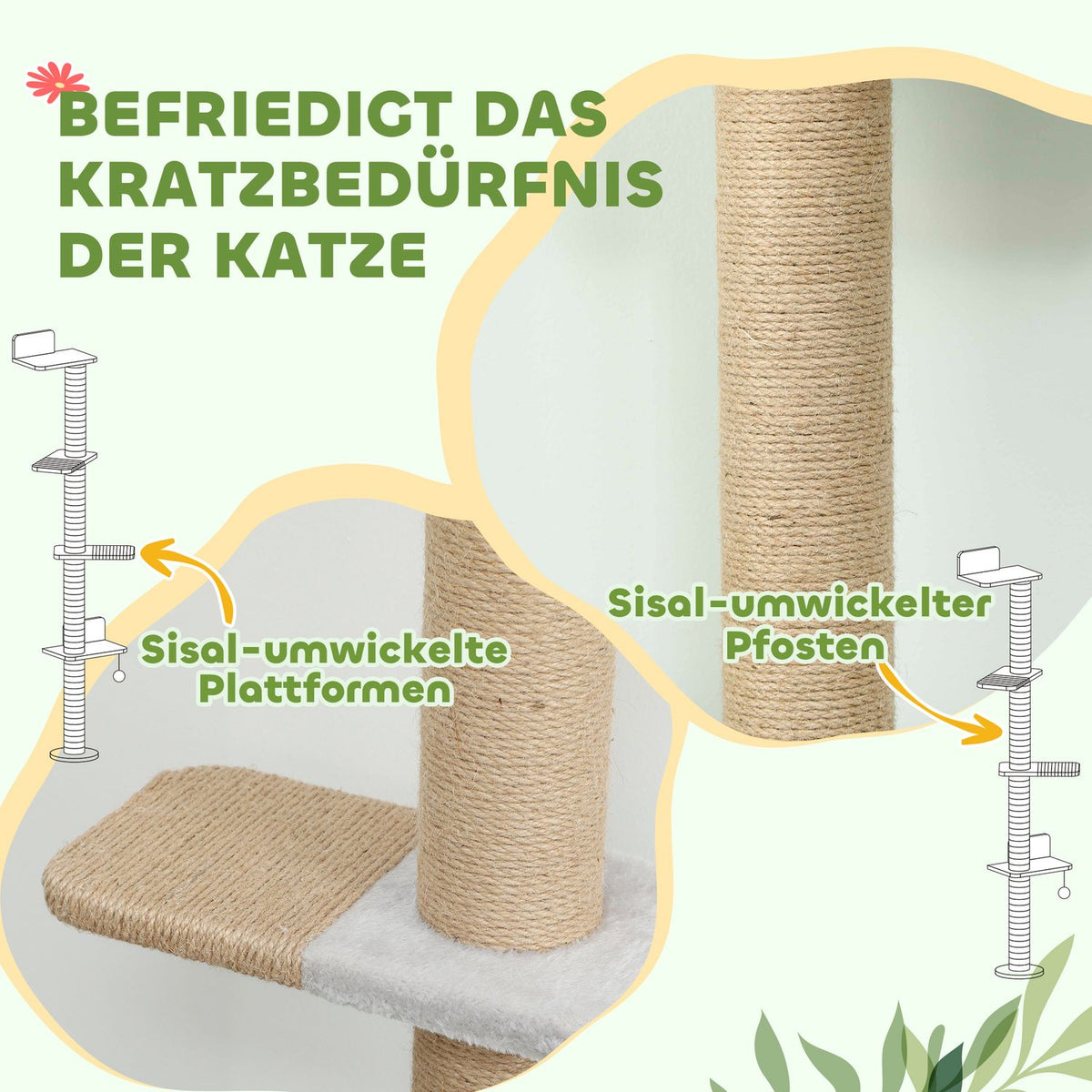 Cat Tree, 5-Level, Sisal Posts, Plush Fabric, Light Gray