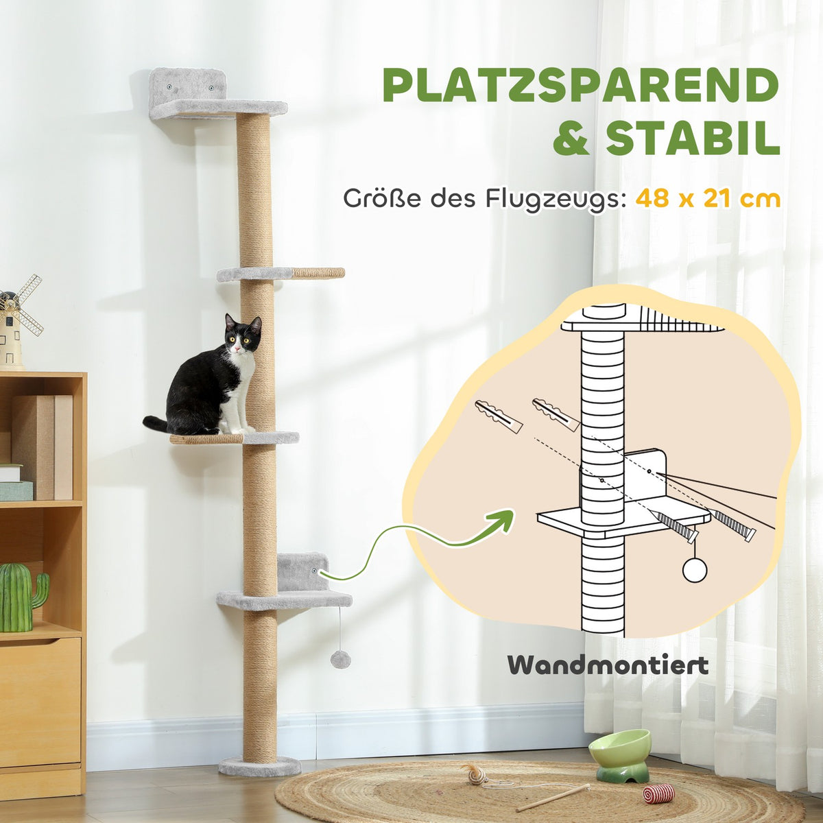 Cat Tree, 5-Level, Sisal Posts, Plush Fabric, Light Gray