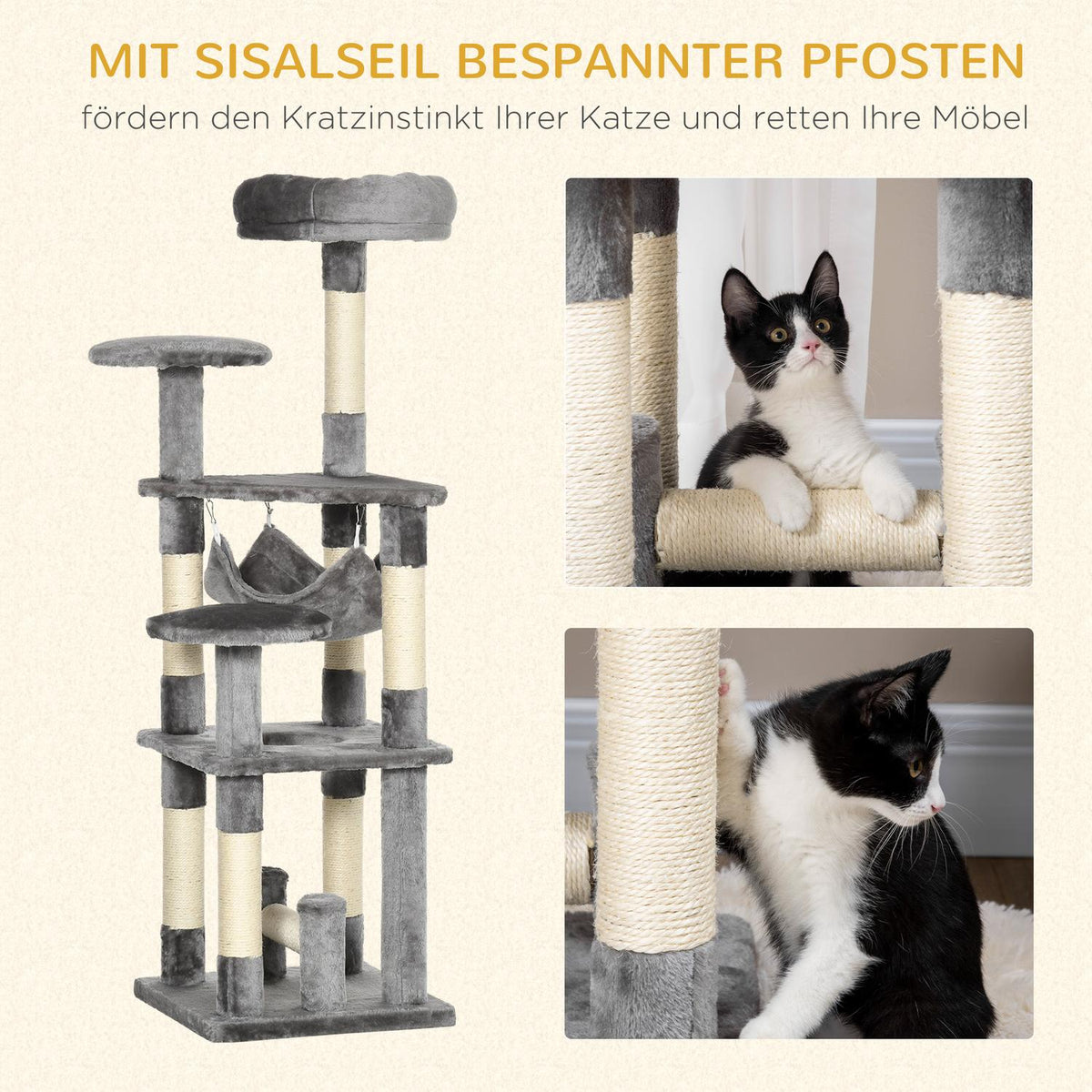 Cat Tree Cat Scratching Post Cat Play Tower Cat Climbing Tree Scratching Post Hammock Gray L40 X W40 X H132 Cm