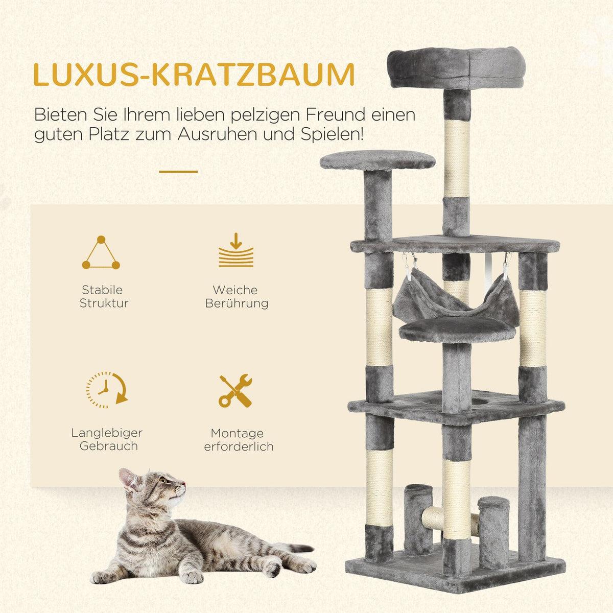 Cat Tree Cat Scratching Post Cat Play Tower Cat Climbing Tree Scratching Post Hammock Gray L40 X W40 X H132 Cm
