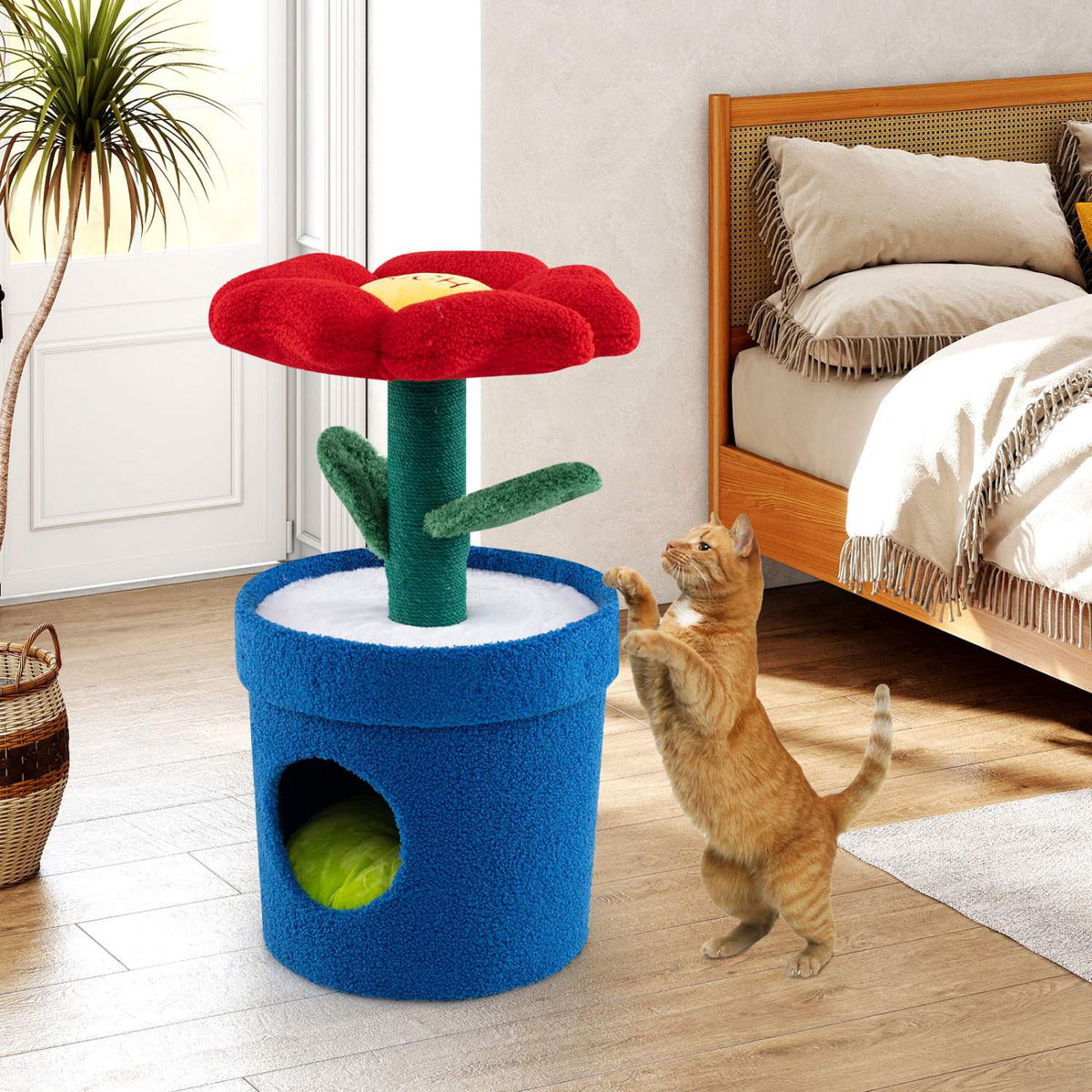 Cat Tree For Indoor Cats, Flower Condo, Padded Perch, Red