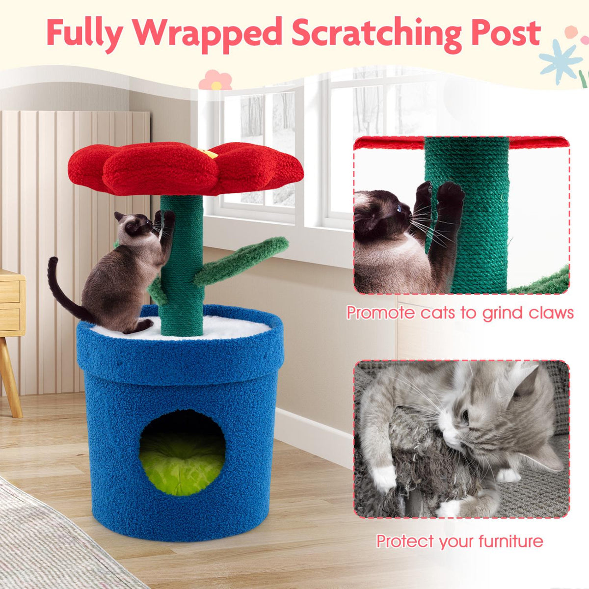 Cat Tree For Indoor Cats, Flower Condo, Padded Perch, Red