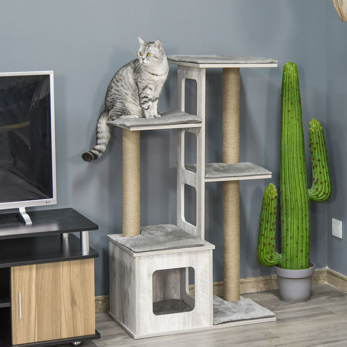 Cat Tree Multi-Tier Scratching Post Cat Furniture Activity Center Jute Plush Gray 67X38.5X114Cm