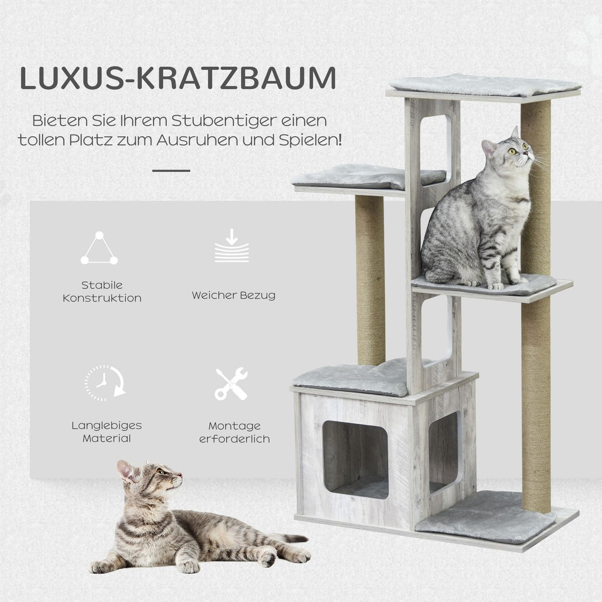 Cat Tree Multi-Tier Scratching Post Cat Furniture Activity Center Jute Plush Gray 67X38.5X114Cm