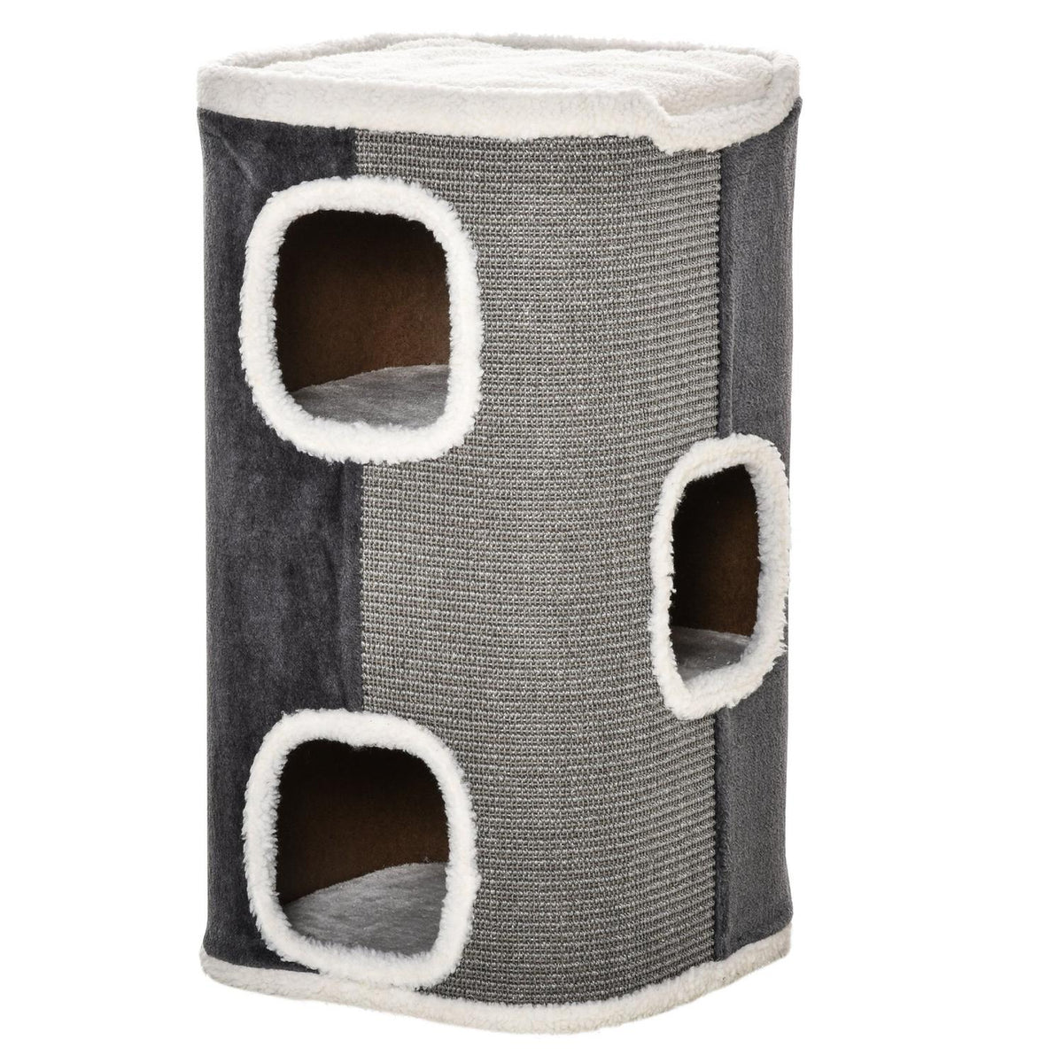 Cat Tree Scratching Barrel With 3 Levels, Chipboard, Velvety Polyester, Sisal, Gray + White, 40X40X74Cm