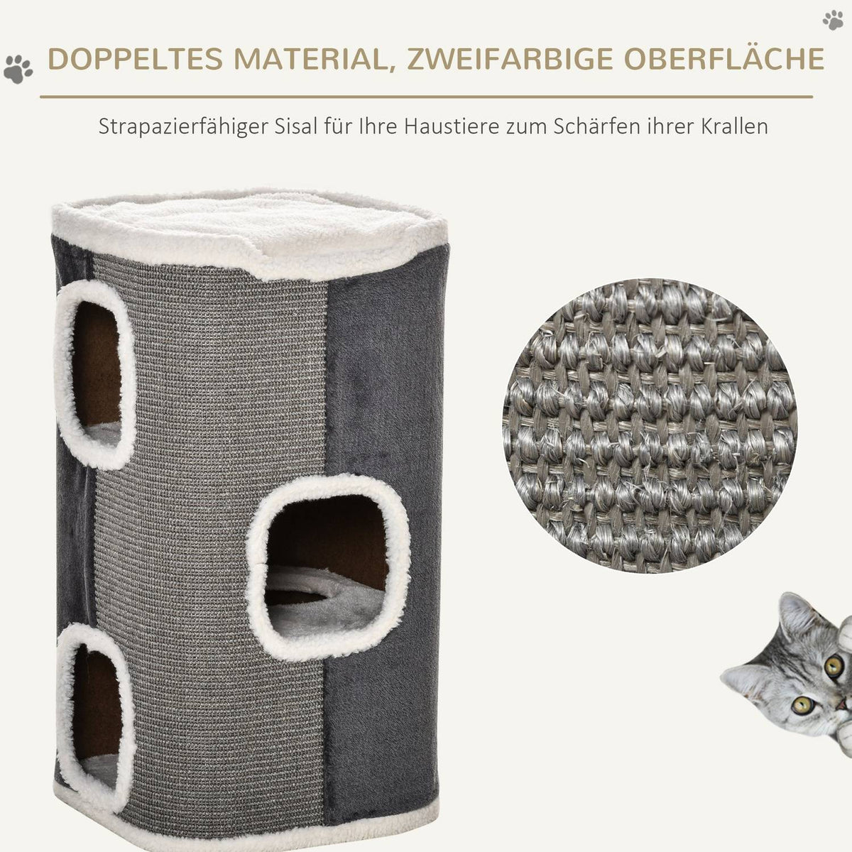 Cat Tree Scratching Barrel With 3 Levels, Chipboard, Velvety Polyester, Sisal, Gray + White, 40X40X74Cm