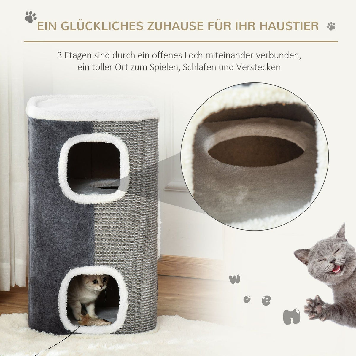 Cat Tree Scratching Barrel With 3 Levels, Chipboard, Velvety Polyester, Sisal, Gray + White, 40X40X74Cm