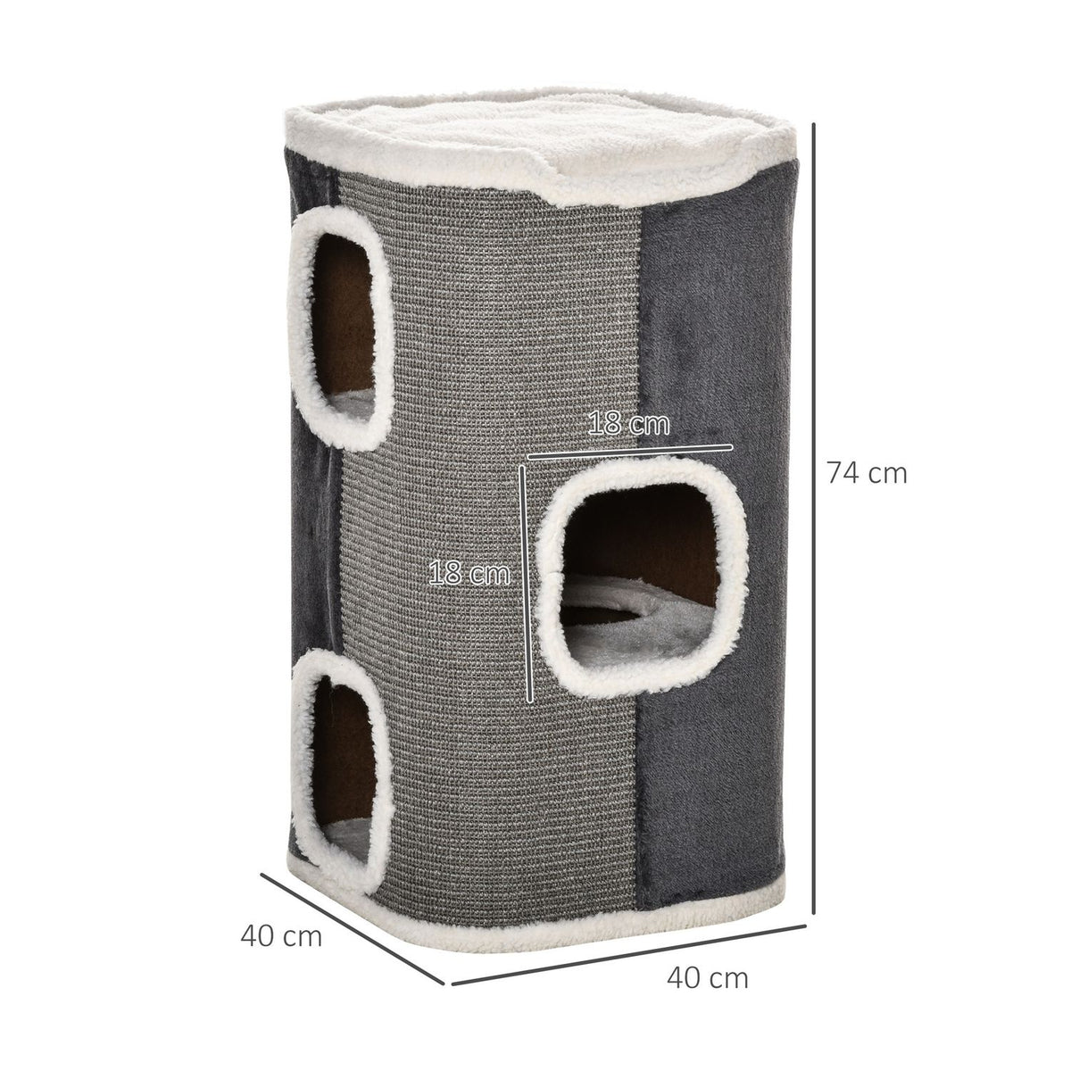 Cat Tree Scratching Barrel With 3 Levels, Chipboard, Velvety Polyester, Sisal, Gray + White, 40X40X74Cm
