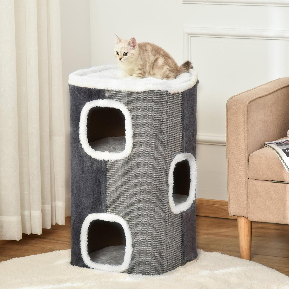 Cat Tree Scratching Barrel With 3 Levels, Chipboard, Velvety Polyester, Sisal, Gray + White, 40X40X74Cm