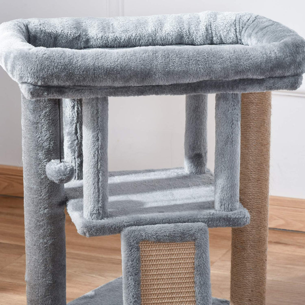 Cat Tree Scratching Board With Jute Scratching Mat, Perch, Hanging Ball, Door Hole, Mdf Plush Jute, Light Gray, 40X40X57Cm