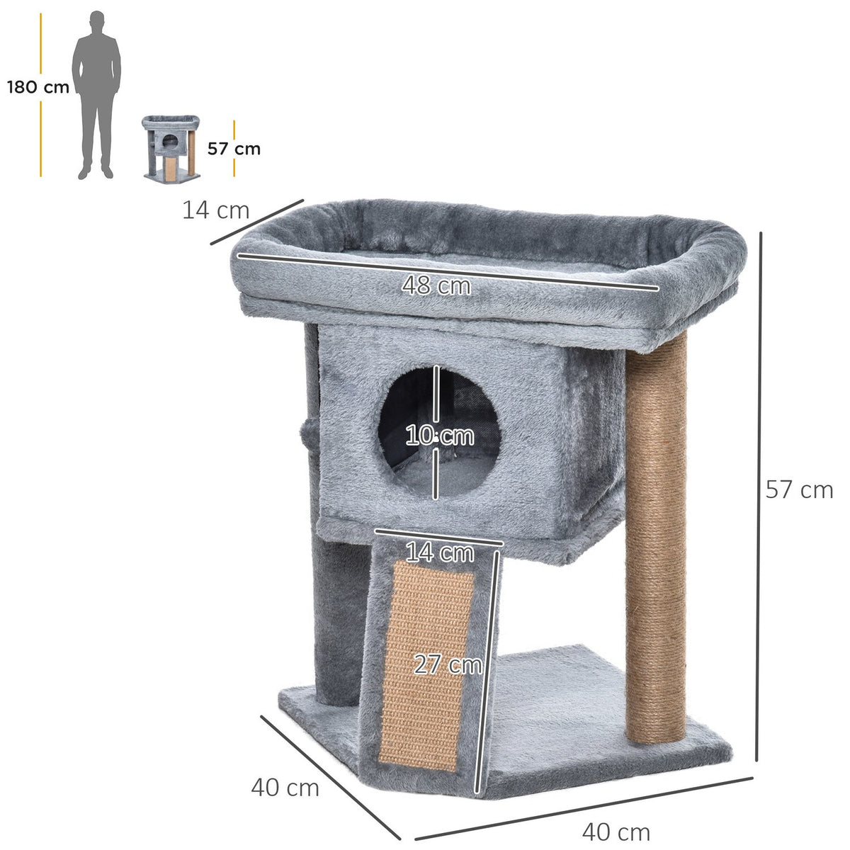 Cat Tree Scratching Board With Jute Scratching Mat, Perch, Hanging Ball, Door Hole, Mdf Plush Jute, Light Gray, 40X40X57Cm