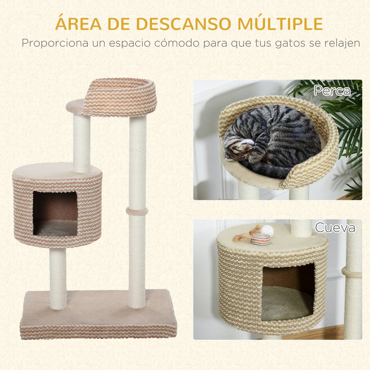 Cat Tree Scratching Post With Viewing Platforms, Beige And Coffee, Chipboard, Plush, Jute, 61X41X96Cm