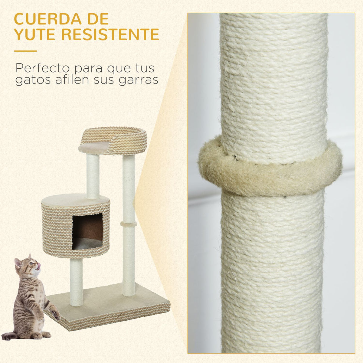 Cat Tree Scratching Post With Viewing Platforms, Beige And Coffee, Chipboard, Plush, Jute, 61X41X96Cm