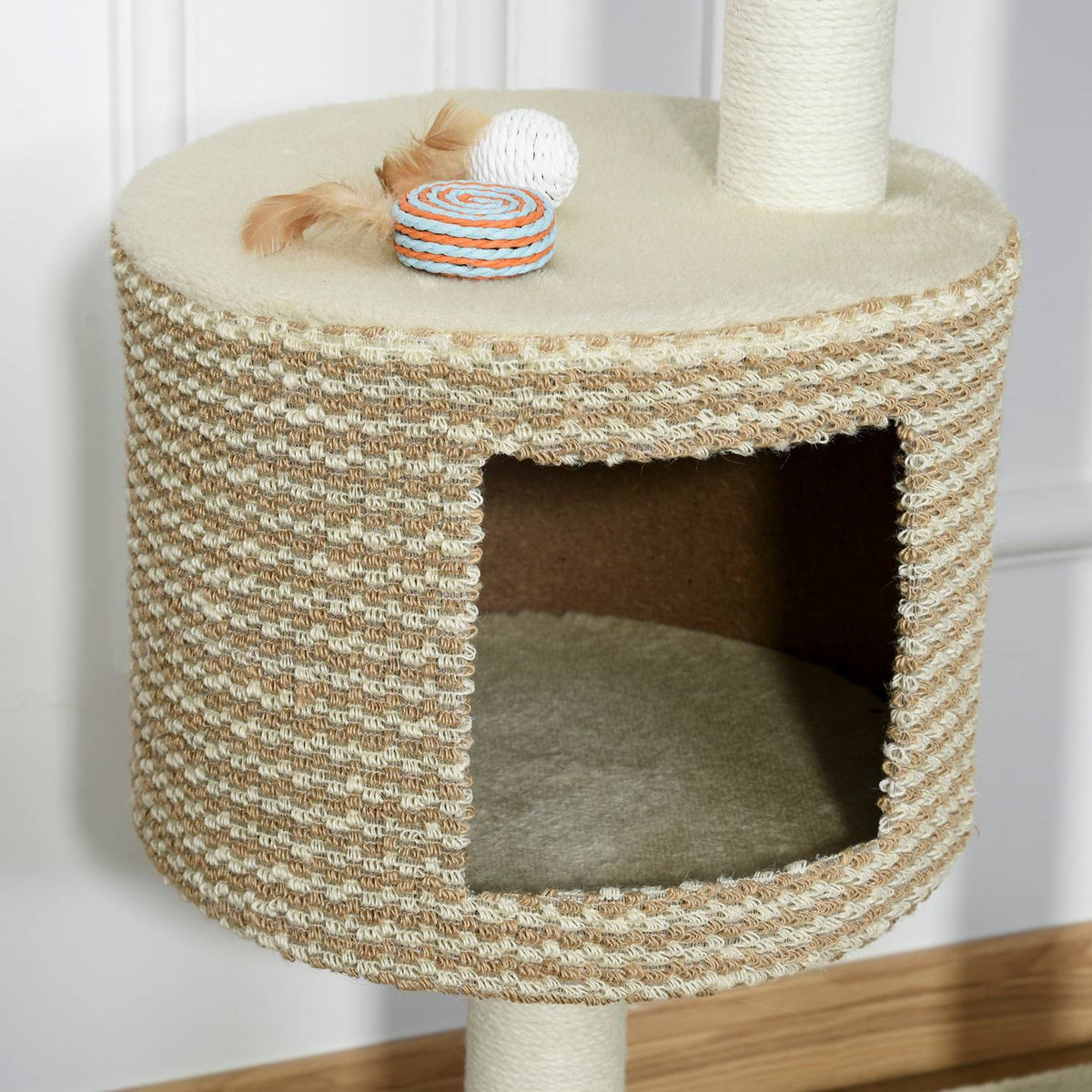 Cat Tree Scratching Post With Viewing Platforms, Beige And Coffee, Chipboard, Plush, Jute, 61X41X96Cm