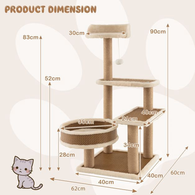Cat Tree Tower 90 cm, Rattan Mat, Scratching Posts