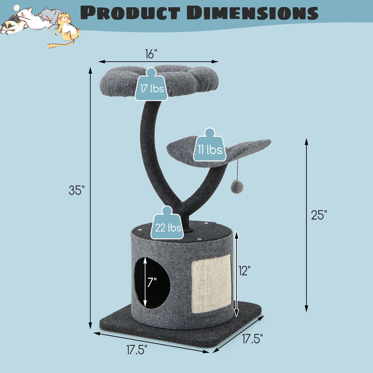 Cat Tree Tower With Metal Frame, Condo, 35-Inch, Gray