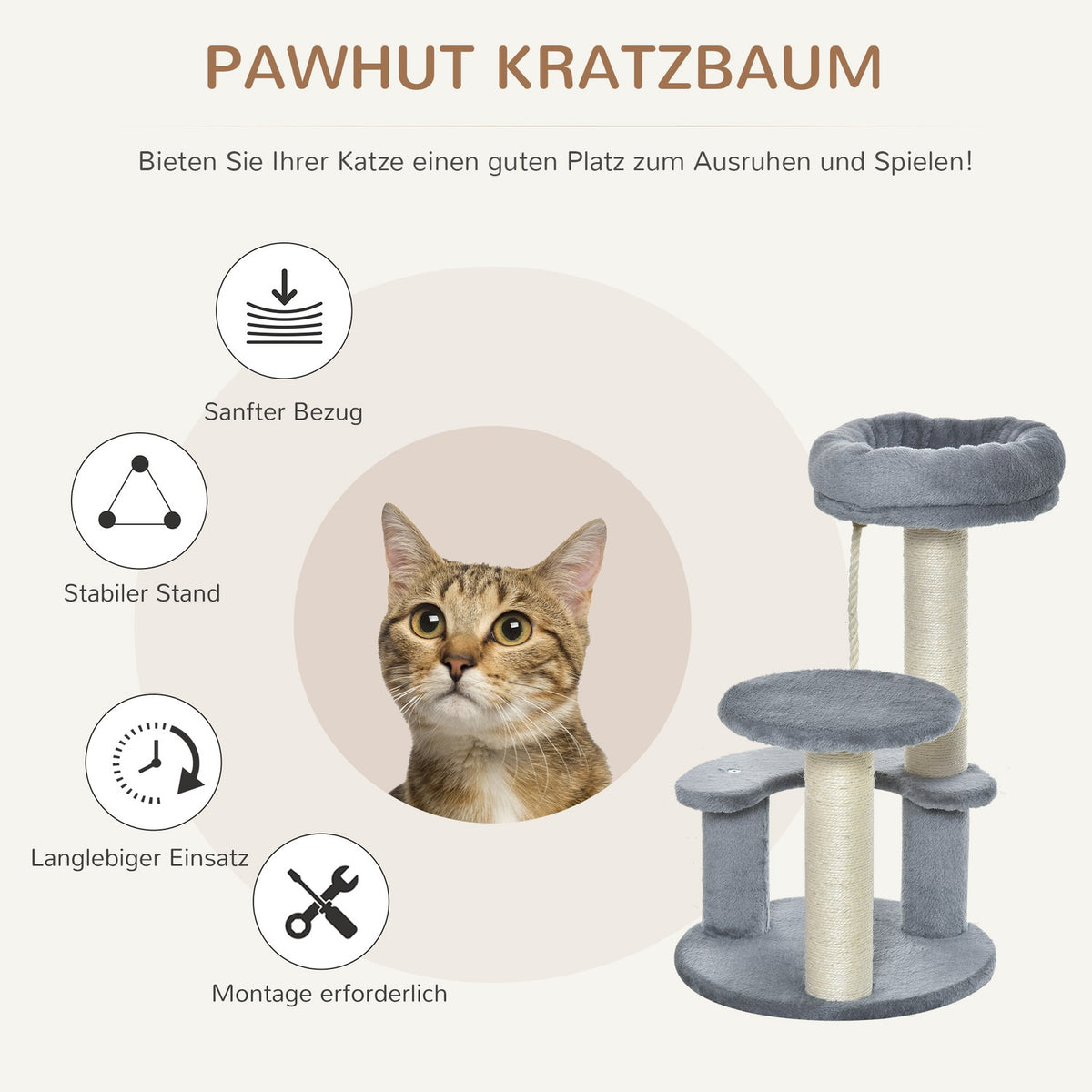 Cat Tree With Hammock 3-Tier Play Tree With Sisal Columns, Gray, Ø40Xh65 Cm