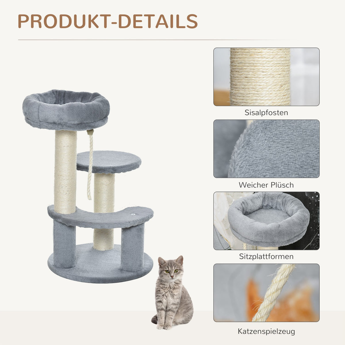 Cat Tree With Hammock 3-Tier Play Tree With Sisal Columns, Gray, Ø40Xh65 Cm