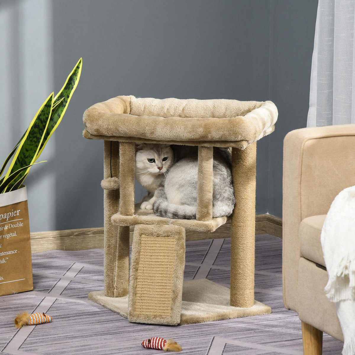 Cat Tree With Jute Scratching Mat Perch Hanging Ball Scratching Board Mdf Plush Jute Coffee With Door Hole
