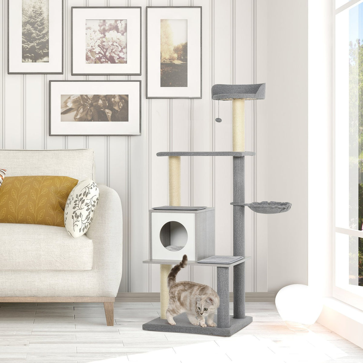 Cat Tree With Scratching Options Four-Tier Climbing Tree, Plush Seat, Cave, Grey&White, 61X49X160.5Cm