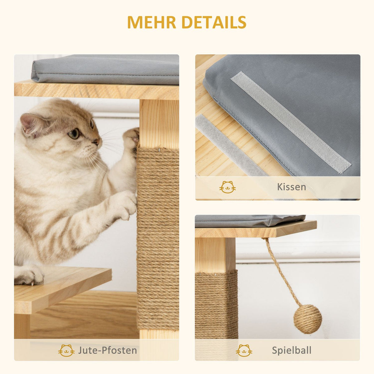 Cat Tree Wood Indoor & Outdoor Jute Cushion 2 Platforms Natural 40X40X43Cm