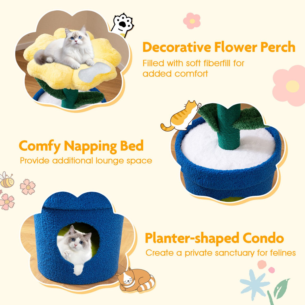Cat Tree for Indoor Cats – Flower Perch, Condo, 72 cm