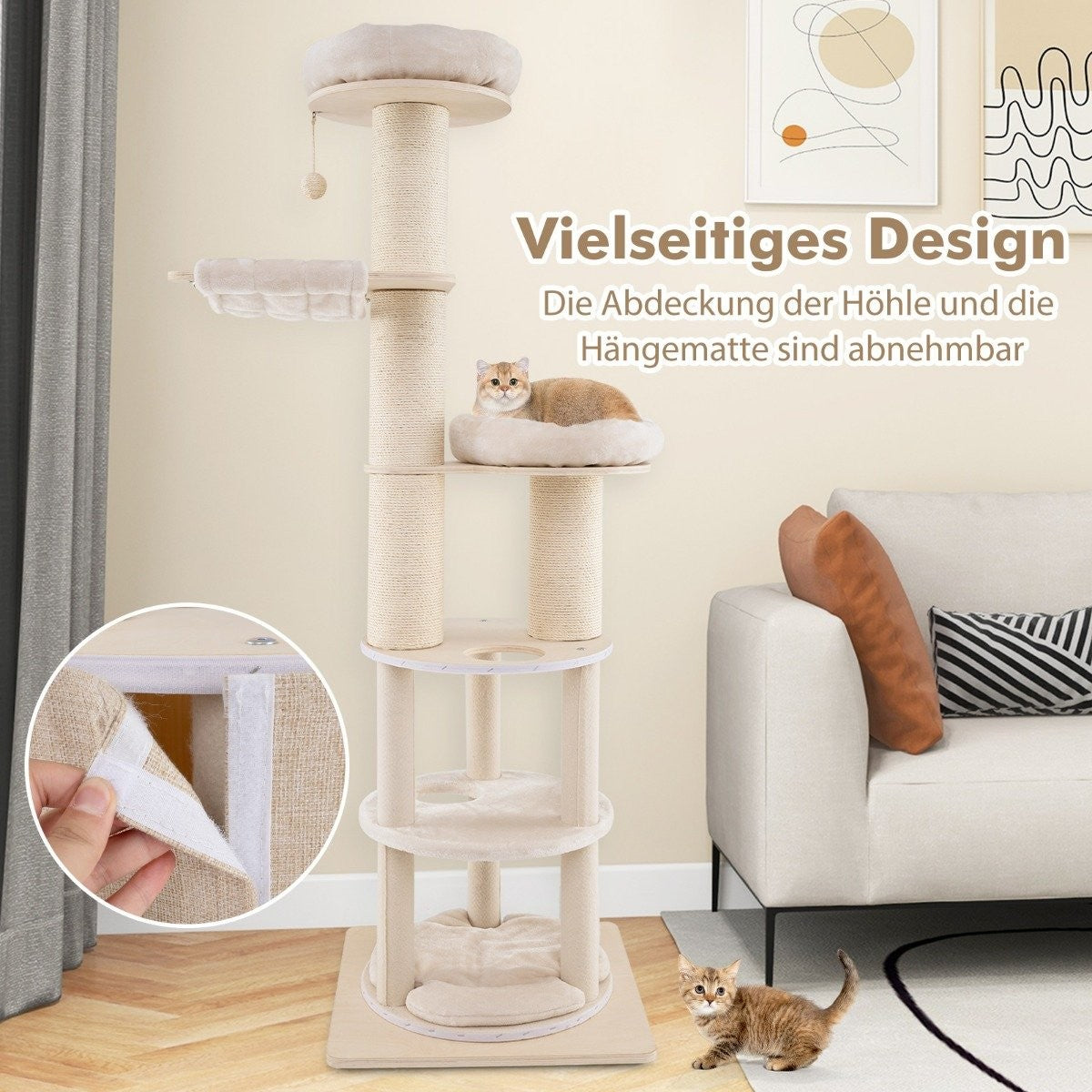 Cat Tree with 2-Story Condo, Hammocks, 58x58x187 cm