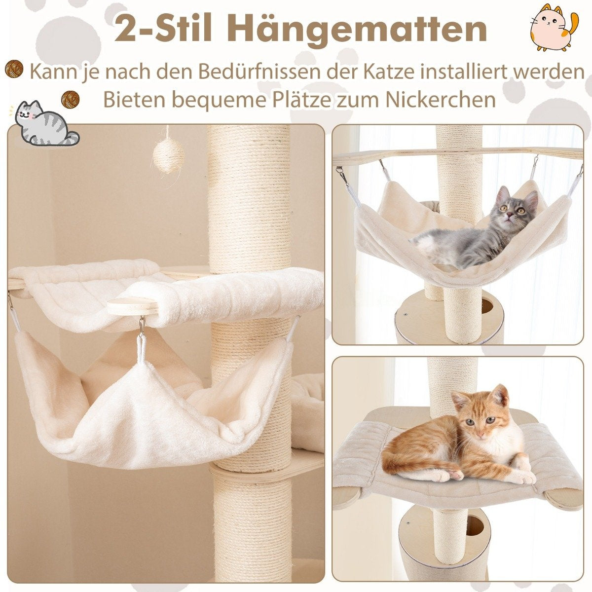 Cat Tree with 2-Story Condo, Hammocks, 58x58x187 cm