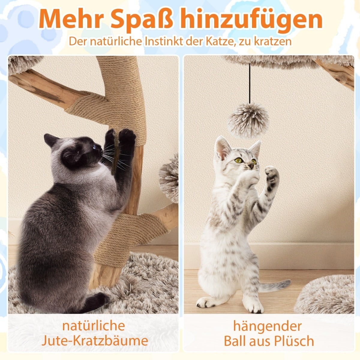 Cat Tree with 4 Plush Levels, Birch Wood, Jute Posts