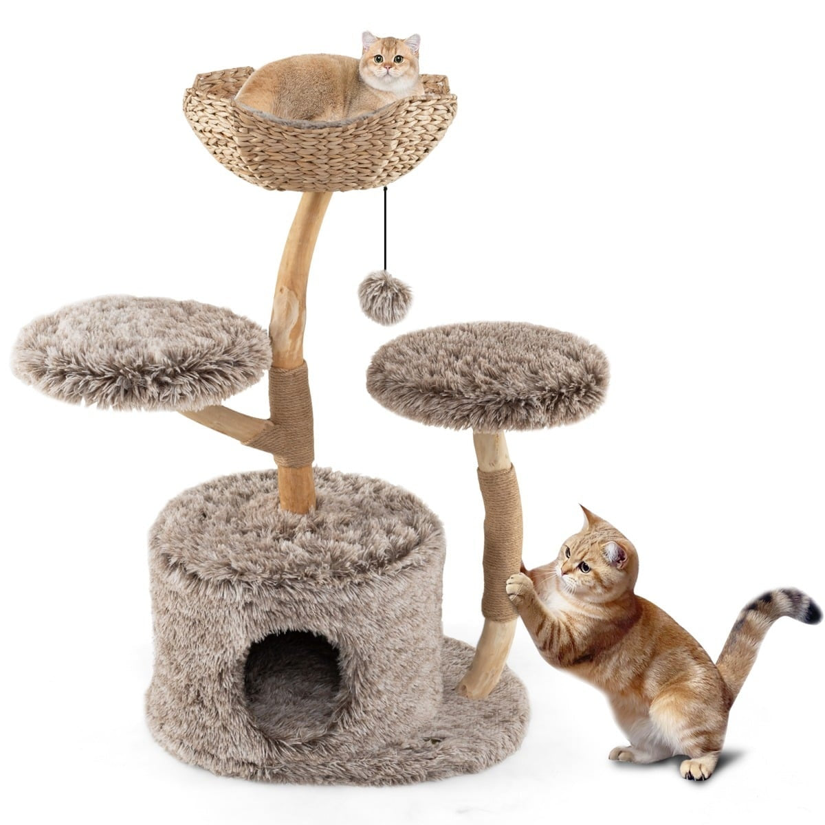 Cat Tree with Cave, 105cm, Birch Wood, Plush Platforms