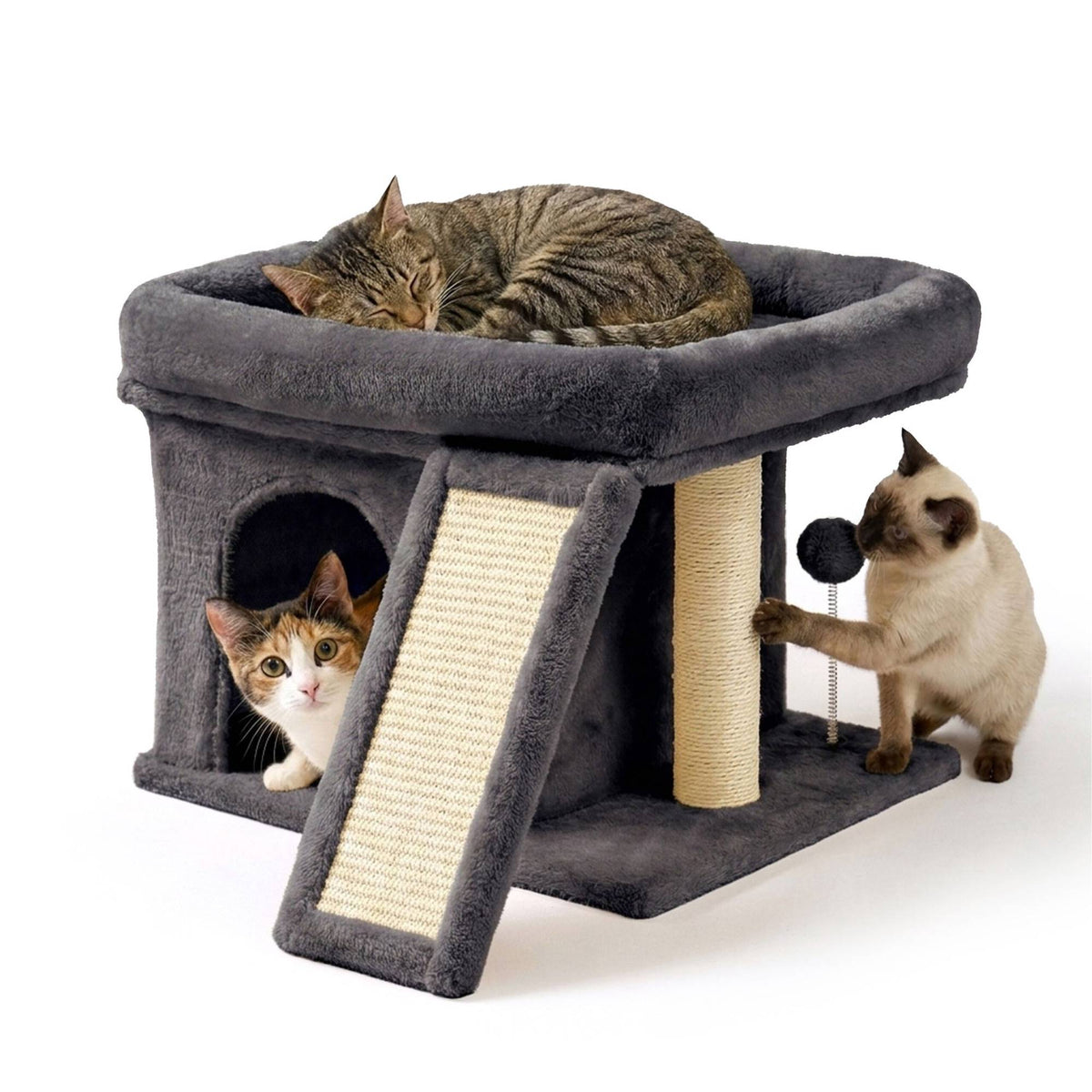 Cat Tree with Cave & Bed, Dark Gray, Sisal Scratching Post