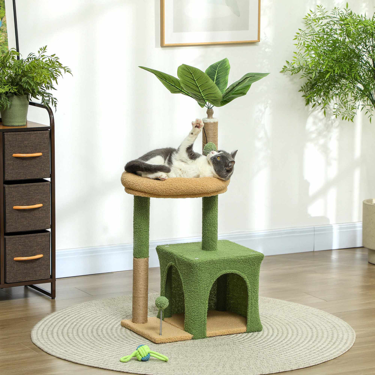 Cat Tree with Cave, Bed & Jute Posts – 98 cm, Leaf Design