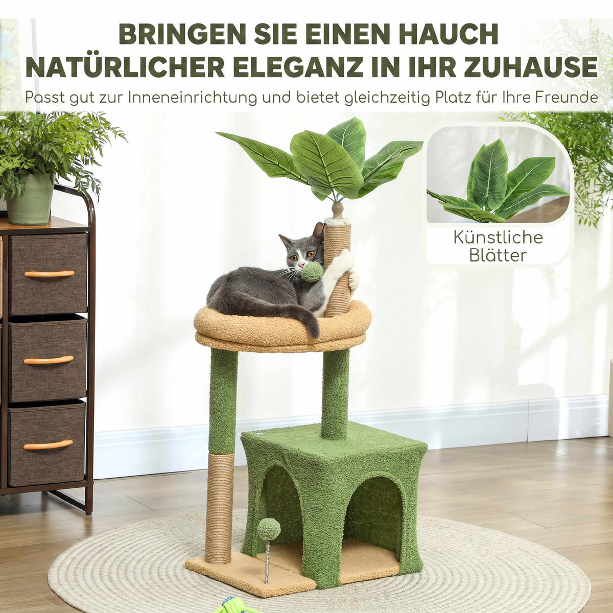 Cat Tree with Cave, Bed & Jute Posts – 98 cm, Leaf Design