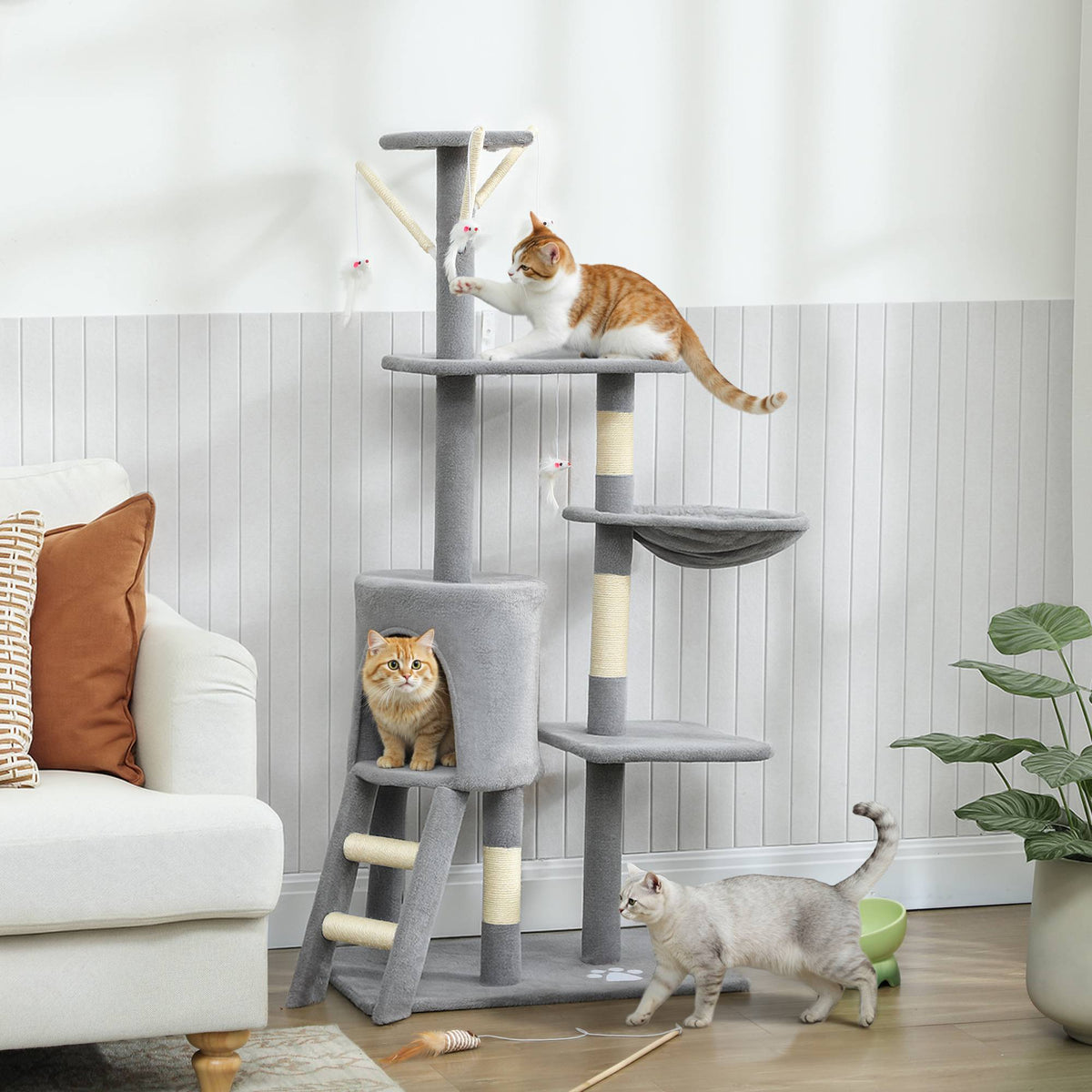 Cat Tree with Cave, Sisal Posts, Toys, for Cats <5kg, Gray