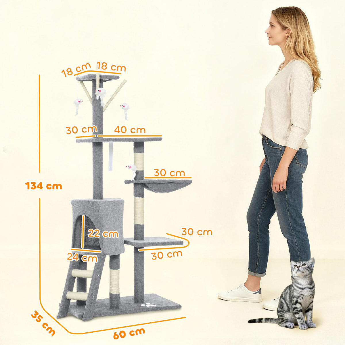 Cat Tree with Cave, Sisal Posts, Toys, for Cats <5kg, Gray