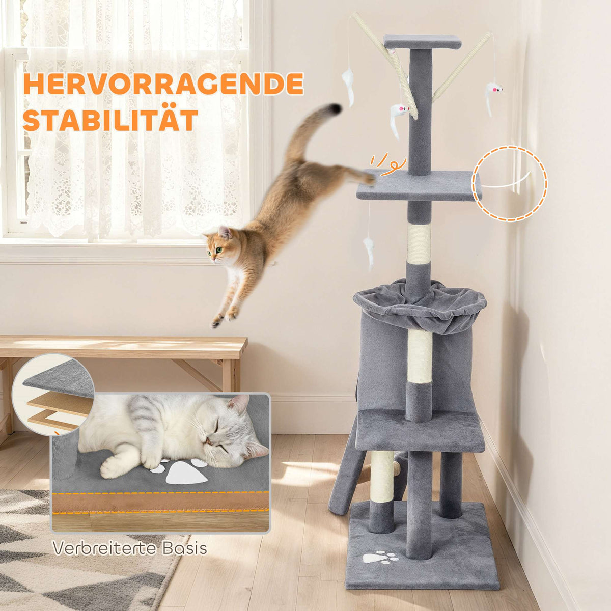 Cat Tree with Cave, Sisal Posts, Toys, for Cats <5kg, Gray
