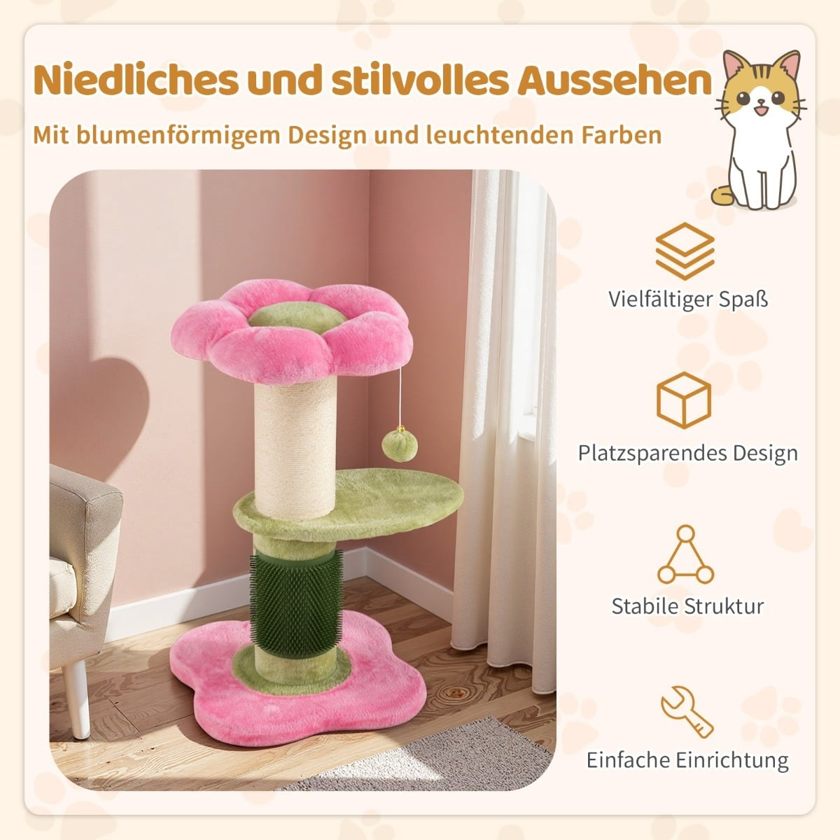Cat Tree with Plush Seat, Sisal Post, 69 cm, Pink