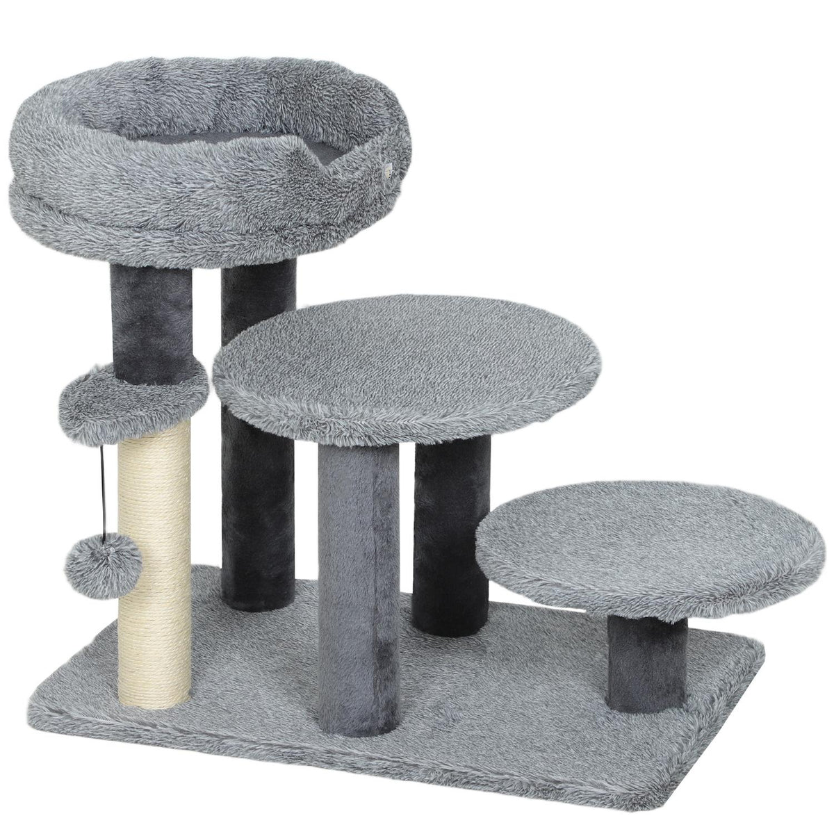 Cat Tree with Sisal Post, Plush Fabric, Wide Base, Gray