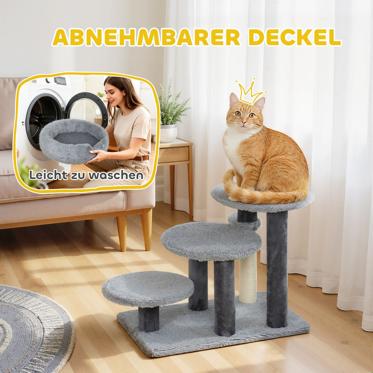 Cat Tree with Sisal Post, Plush Fabric, Wide Base, Gray