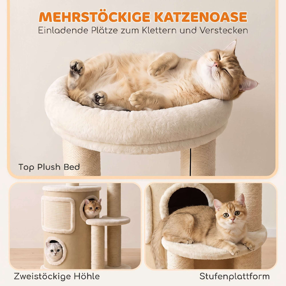 Cat Tree with Sisal Posts and Double Hideaway, Beige
