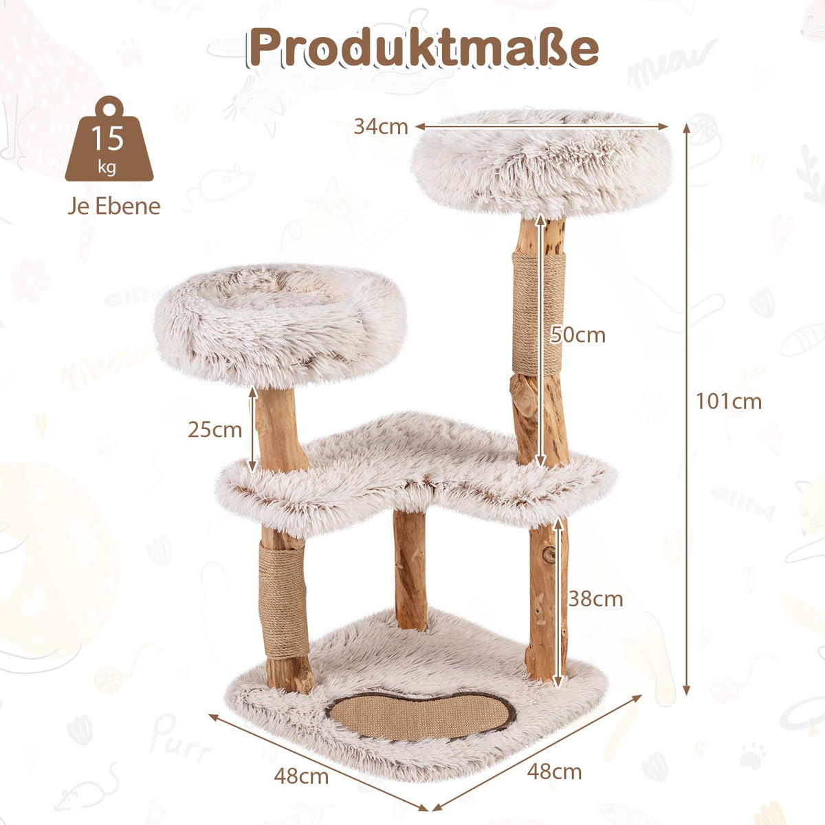 Cat Tree with Solid Wood & Jute Scratching Posts, 101 cm
