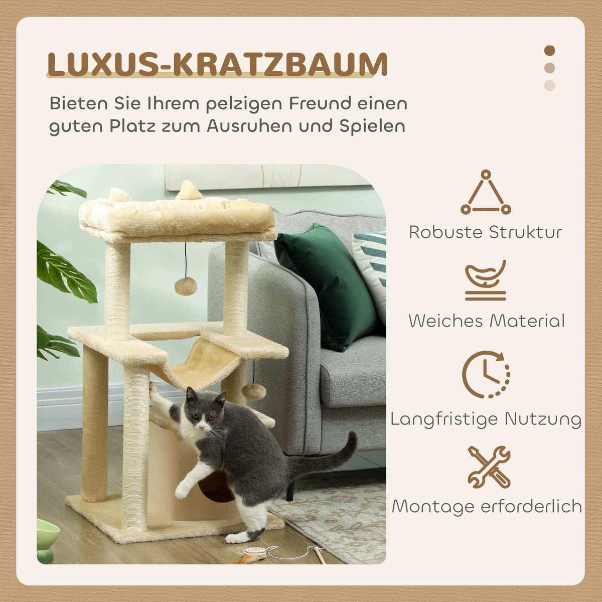 Cat Tree with Toys, Hammock & Perch, 48 x 48 x 90 cm, Cream