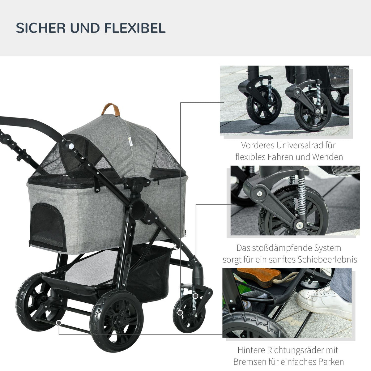 Cat Trolley 2-In-1 Transport Bag Foldable Mesh Window Oxford Gray Up To 10Kg