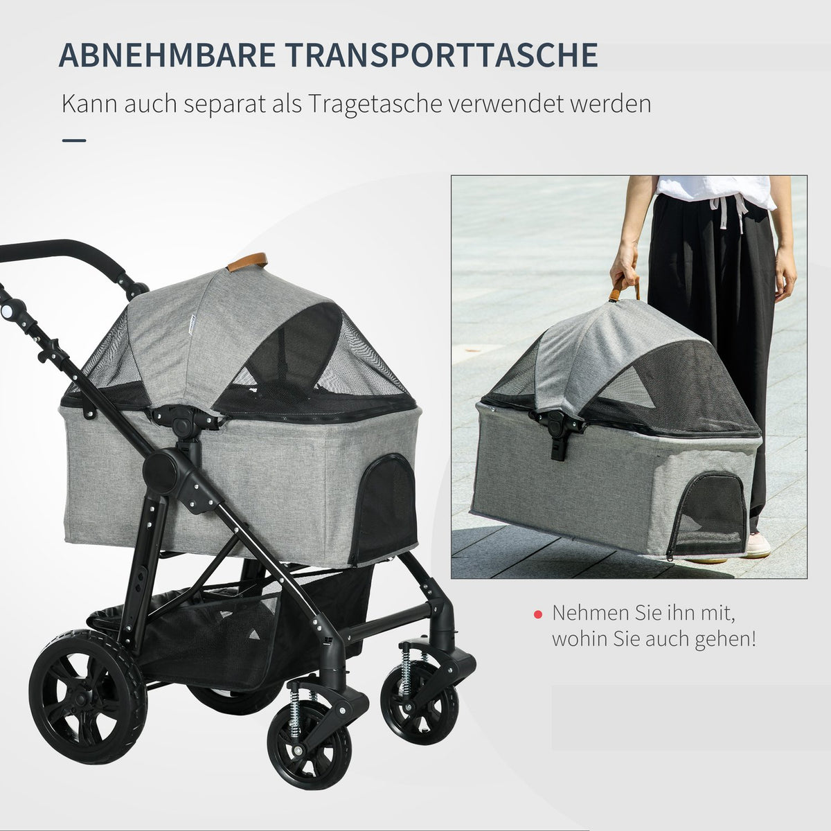 Cat Trolley 2-In-1 Transport Bag Foldable Mesh Window Oxford Gray Up To 10Kg
