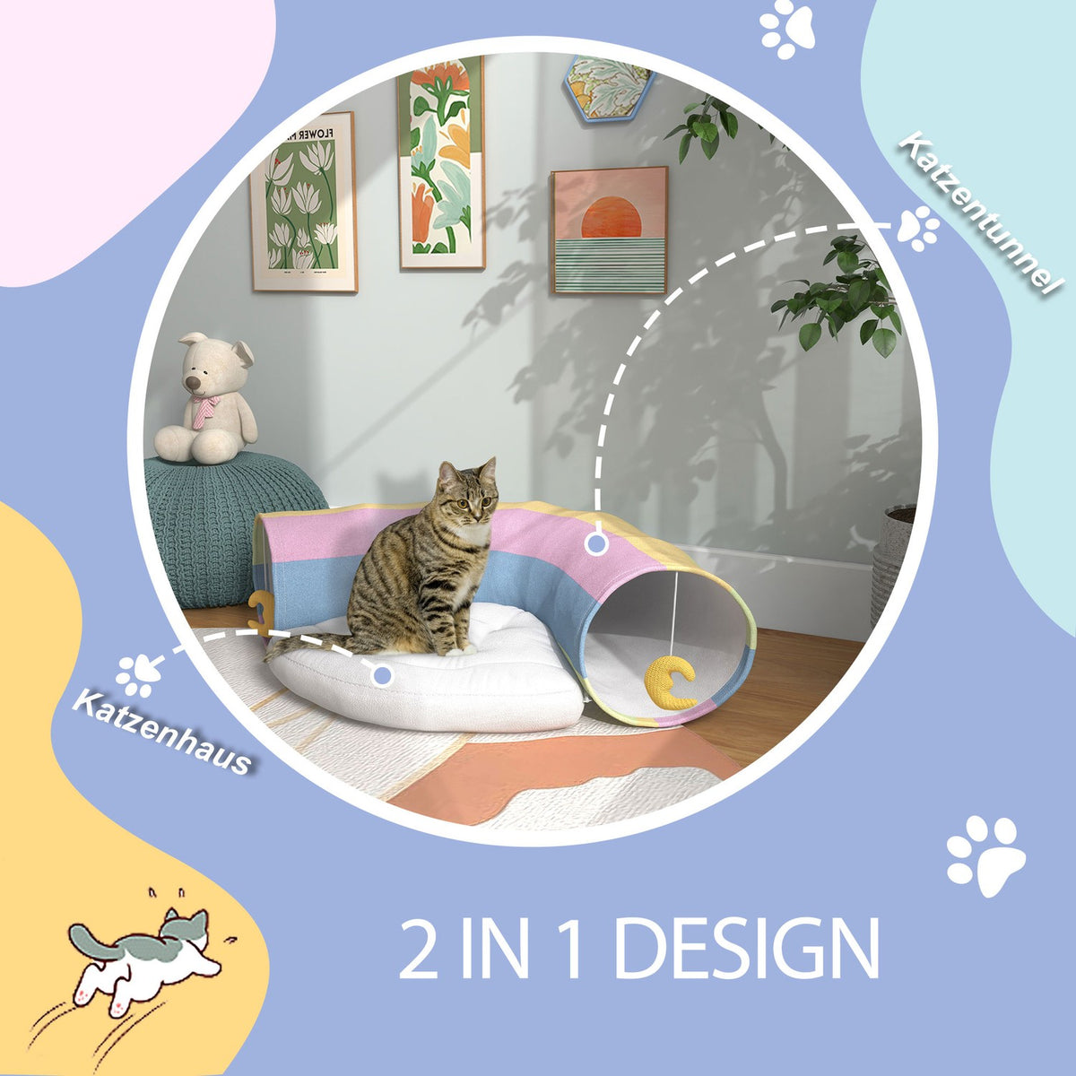 Cat Tunnel Foldable Cat Toy With Play Cushion, Polyester, For Cats & Small Animals