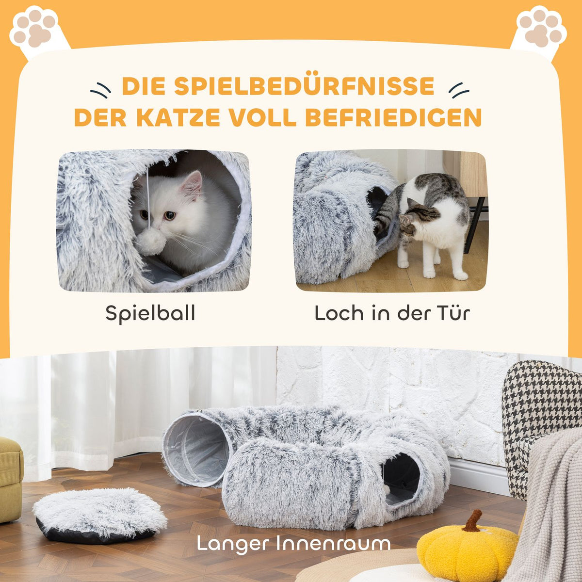 Cat Tunnel, Plush Fabric, Foldable, Metal Frame, Light Gray