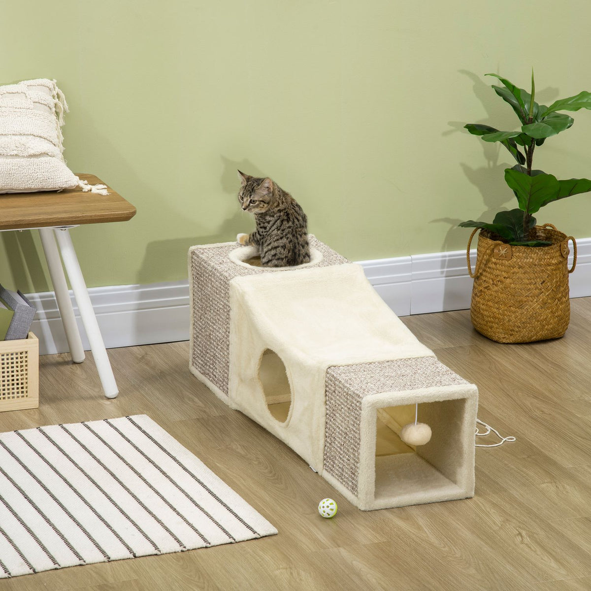 Cat Tunnel With Play Ball, Cat Toy, Play Tunnel Made Of Sisal, Brown + Beige, 98X30X30 Cm