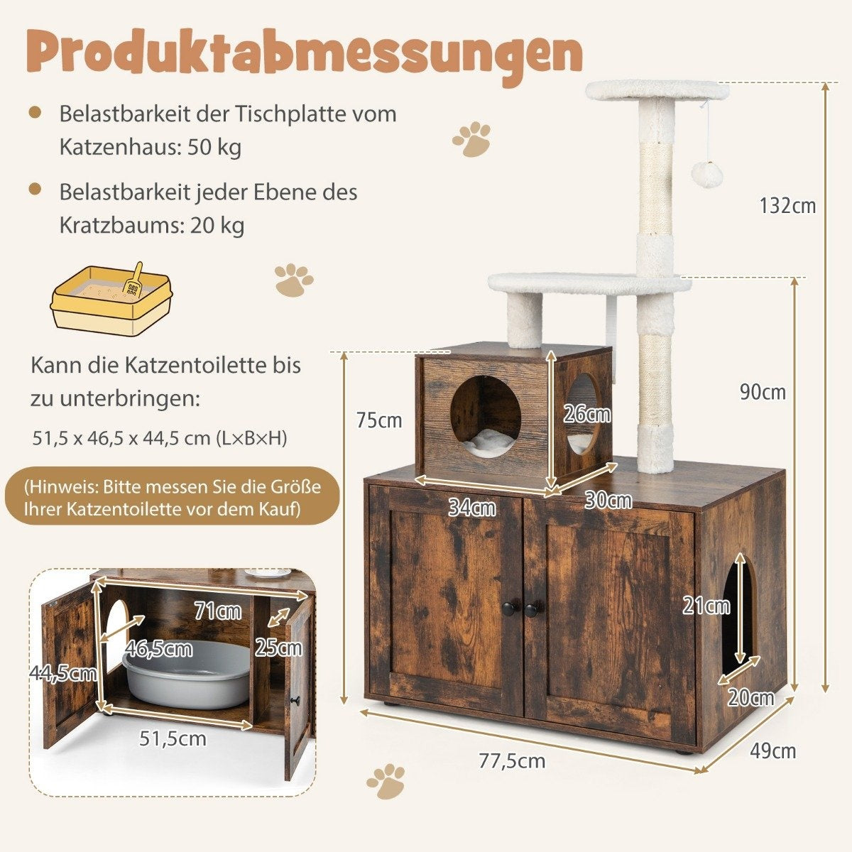 Cat cabinet with scratching post all-in-1 wooden cat house brown 77.5 x 48.5 x 132 cm